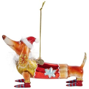 Vondels Ornament glass dachshund with christmas hat, Juletræspynt gravhund med nissehue